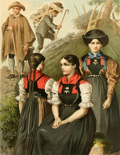 Vintage lithograph of people in traditional clothing in a rural landscape.