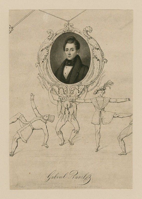 Vintage black and white illustration of a man in a portrait frame supported by acrobats.