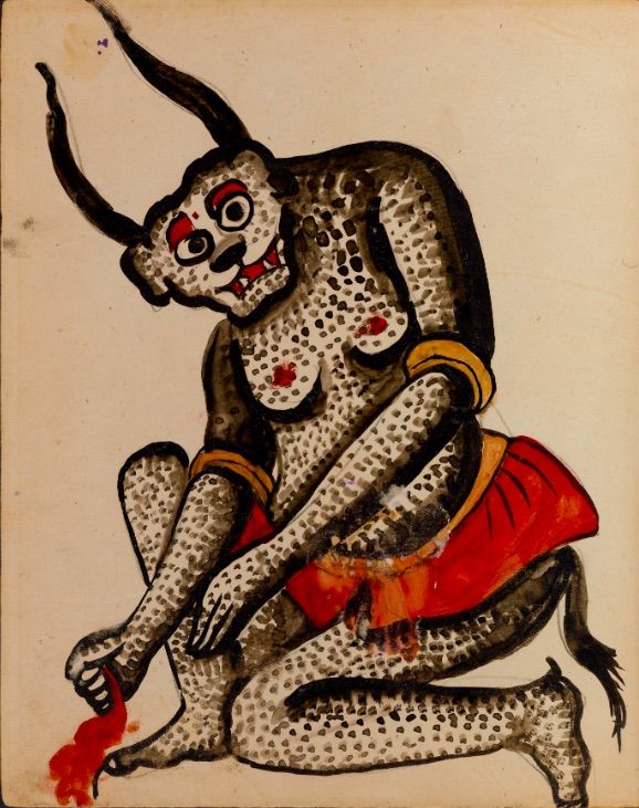 A folk art style drawing of a speckled creature with horns holding a heart and blood flowing.