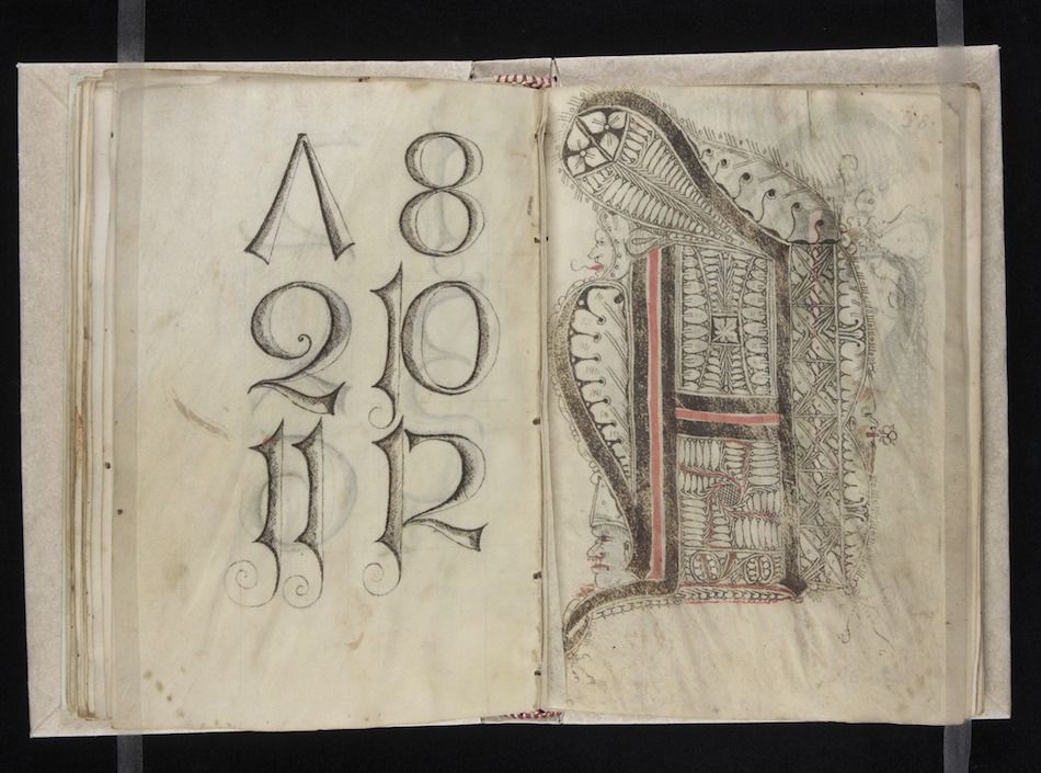 An open page from an old book or manuscript with numbers and letters sketched on the left and an ornate initial letter 'H' on the right.