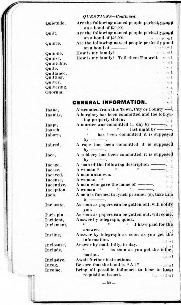 A page from a coded message list with words and corresponding instructions.