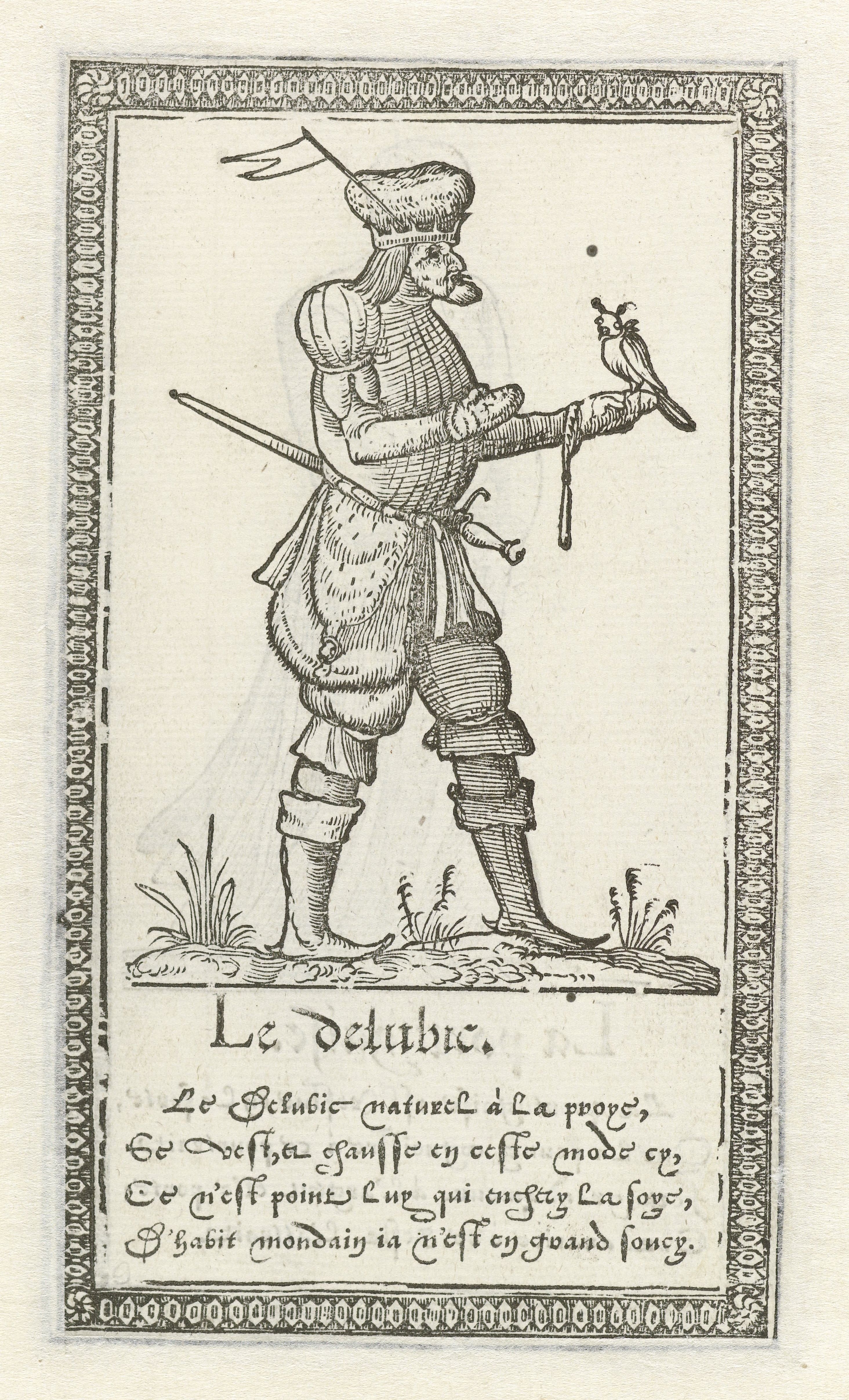 Vintage woodcut illustration of a man holding a bird in a grassy field with text below.