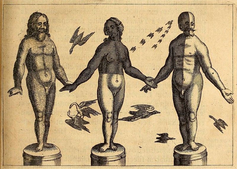 Vintage engraving of three nude figures holding hands, surrounded by birds.