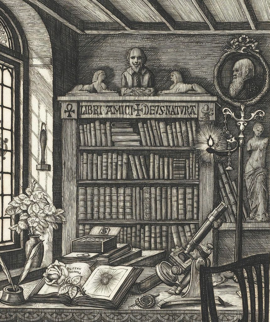 A detailed black and white engraving of a scholar's study with a bookshelf, books, portraits, a window, a table, a bouquet, a telescope, and a chair.
