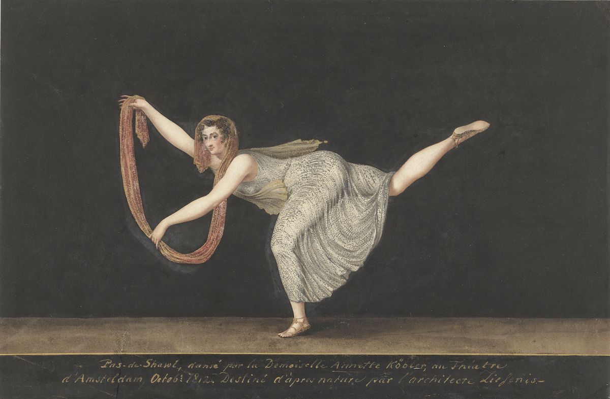 Watercolor painting of a ballerina performing on a dark stage, wearing a flowing dress and a draped shawl.