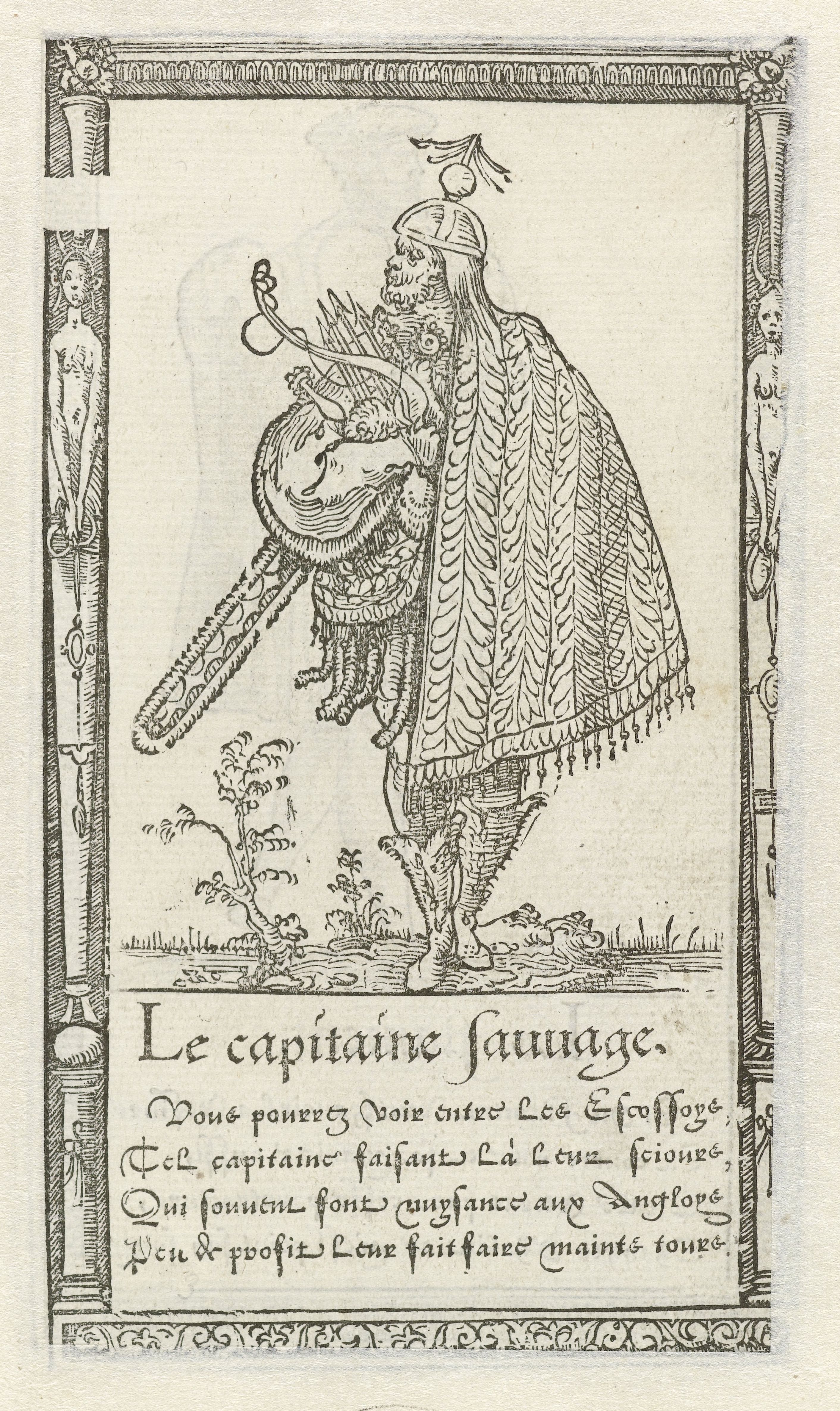 A black and white woodcut illustration depicting a man riding an elephant-like creature with feathered legs. The scene is framed by a decorative border, and text in French is written below the image.