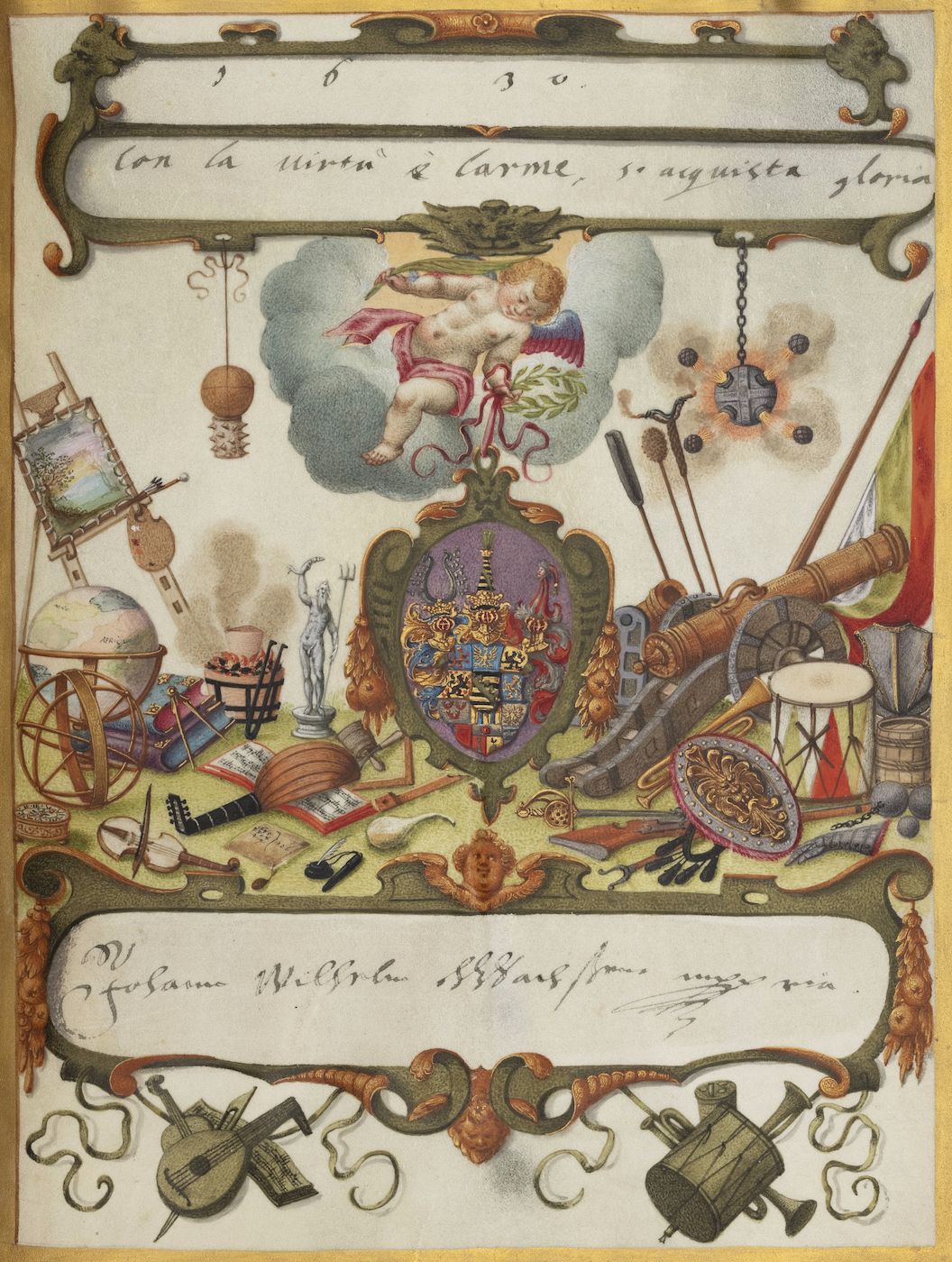 A detailed, colorful illustration of a coat of arms surrounded by objects representing art, knowledge, and power.