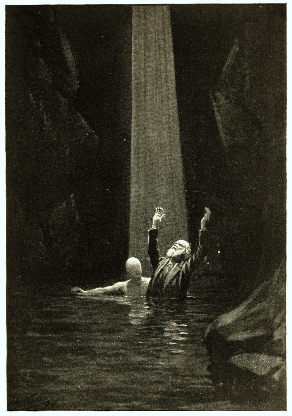 A black and white illustration of two figures in water, illuminated by a beam of light in a cave.