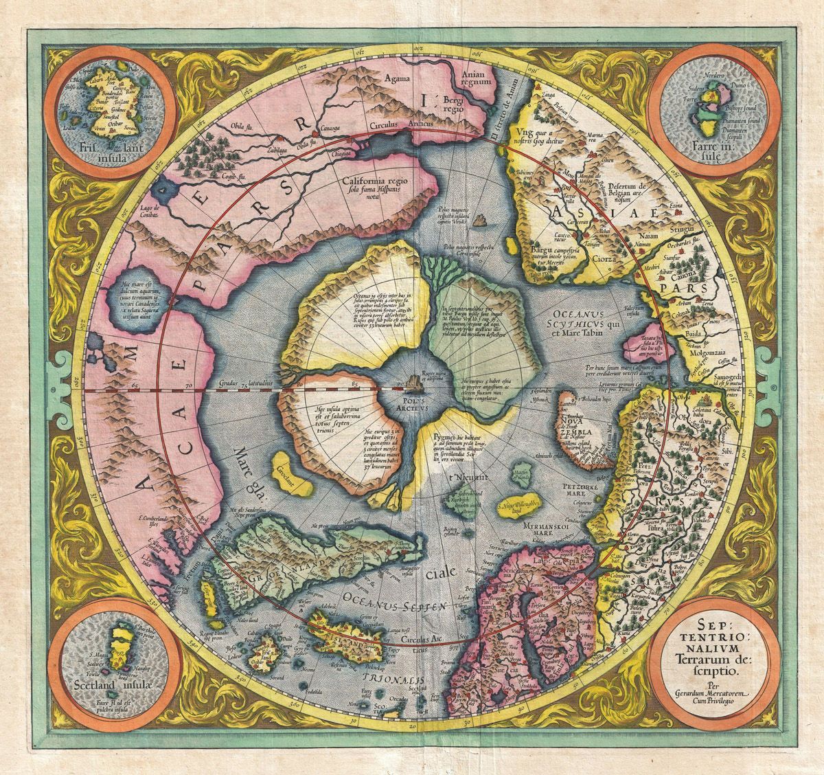 Antique world map with polar projection, featuring continents, oceans, decorative illustrations, and ornate borders.