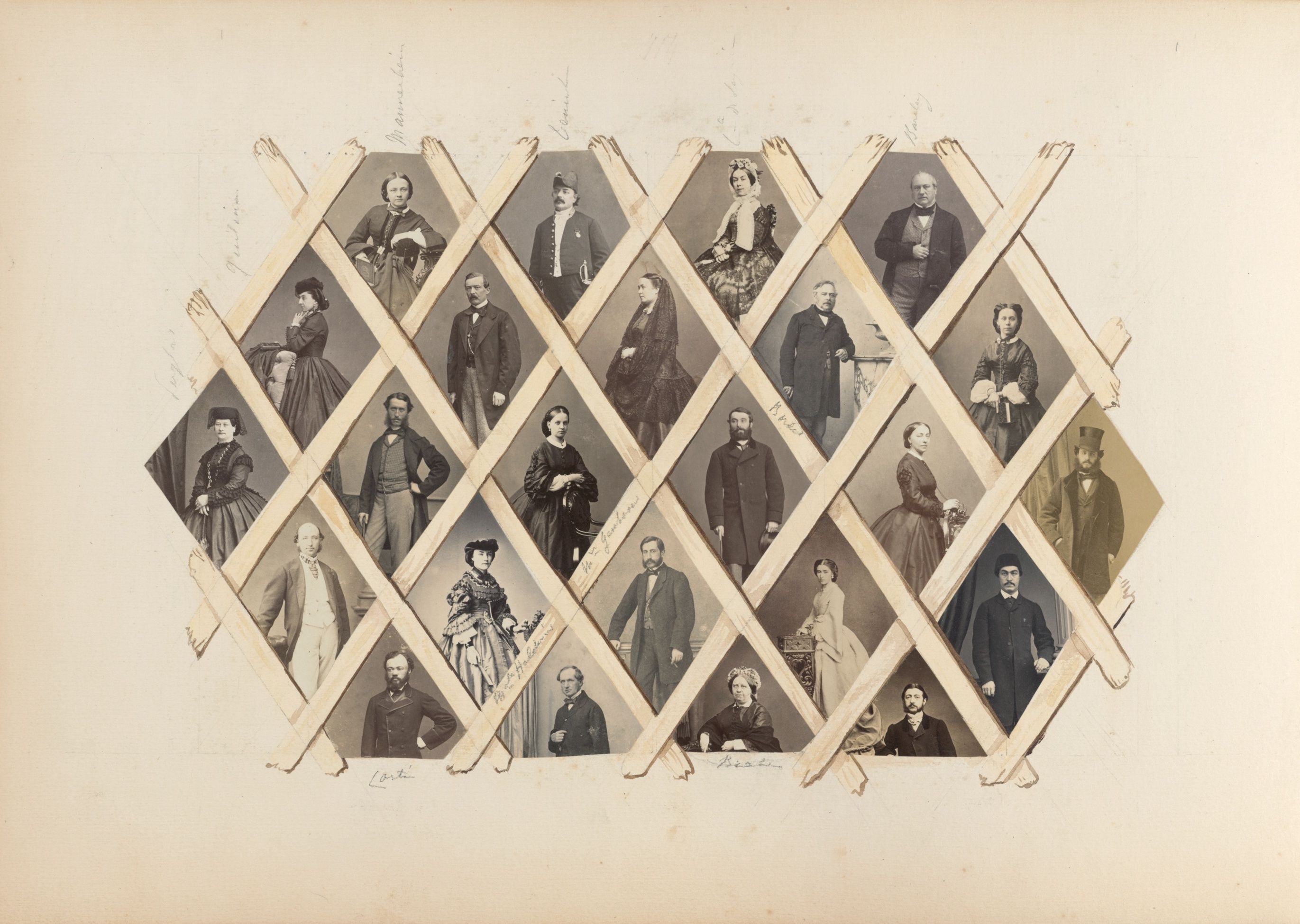 A vintage photograph featuring a lattice-like arrangement of 21 individual portraits.