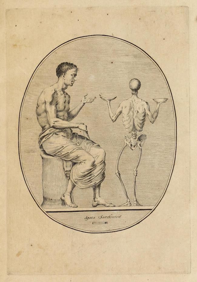 Vintage black and white engraving of a seated man and a skeleton, within an oval frame. The text below reads 'Agonia Sardonica'.