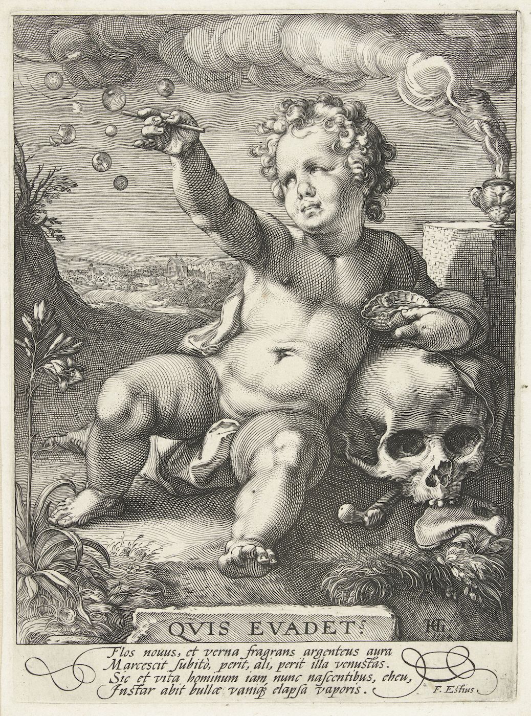 A detailed engraving depicting a cherubic baby blowing bubbles, set against a backdrop of symbolic imagery representing the fleeting nature of life.