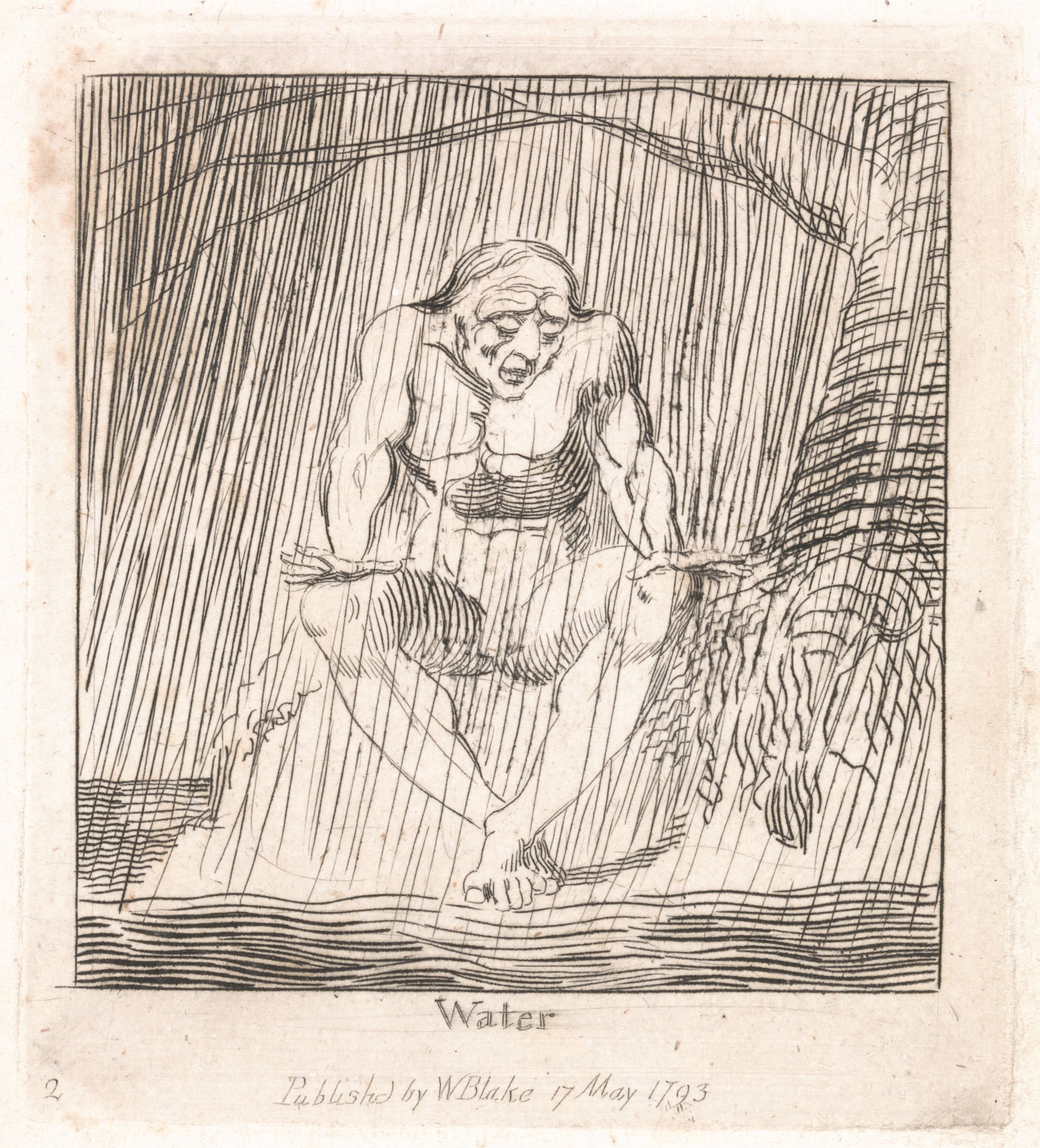 A black and white engraving of a muscular old man immersed in swirling water, with plant-like forms intertwined around him. The text 'Water' and 'Publish'd by W. Blake 17 May 1793' are below the image.