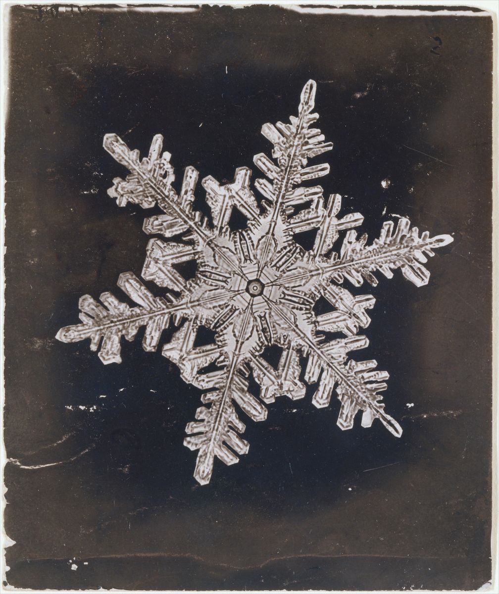 A black and white photograph of a snowflake with a complex, symmetrical pattern against a dark background.