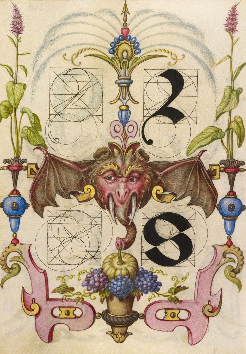 An ornate illuminated letter with a grotesque face and intricate floral elements.