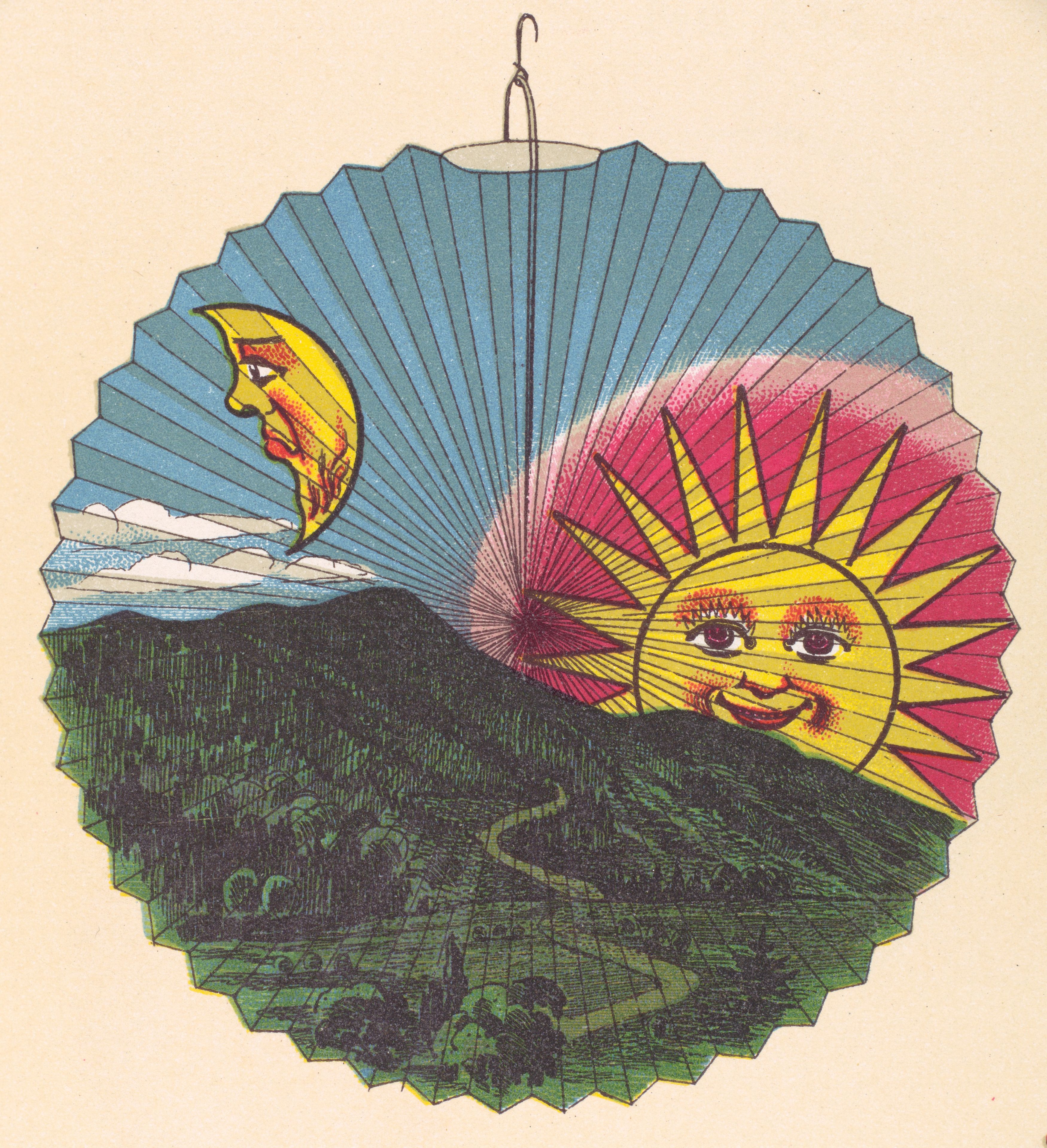 Vintage paper lantern with a whimsical scene of a smiling sun and a sad moon over a green landscape.