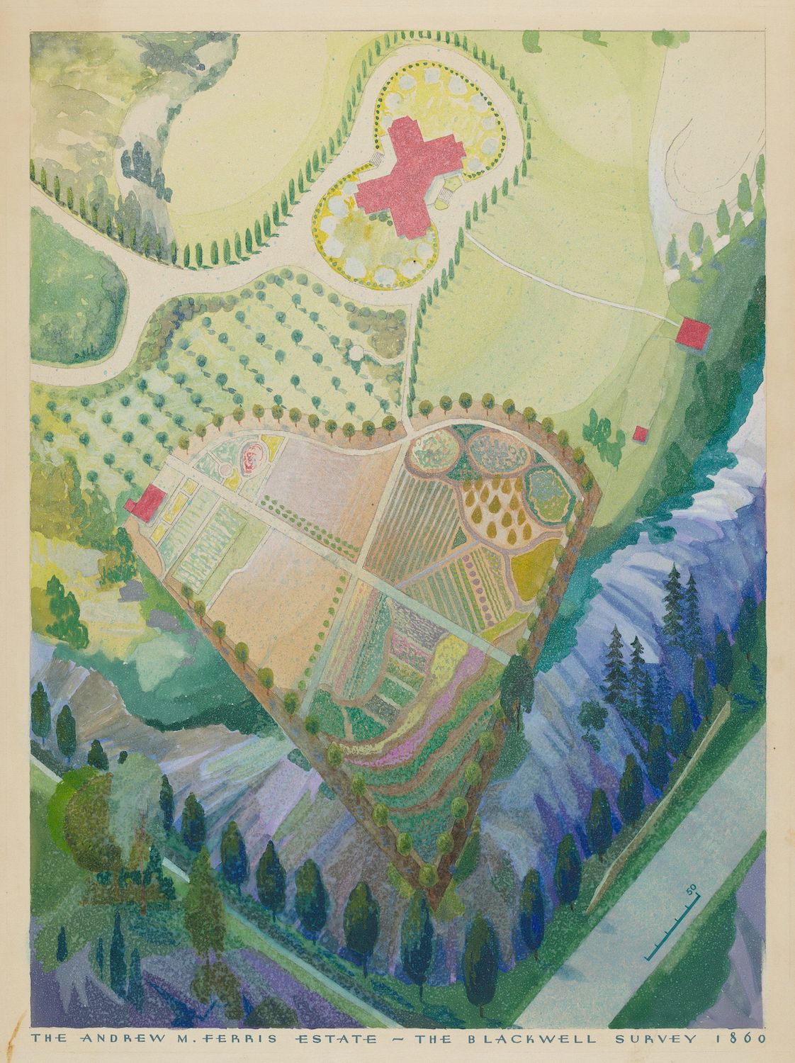 Vintage aerial view of the Andrew M. Ferris Estate, as depicted in the Blackwell Survey of 1860.