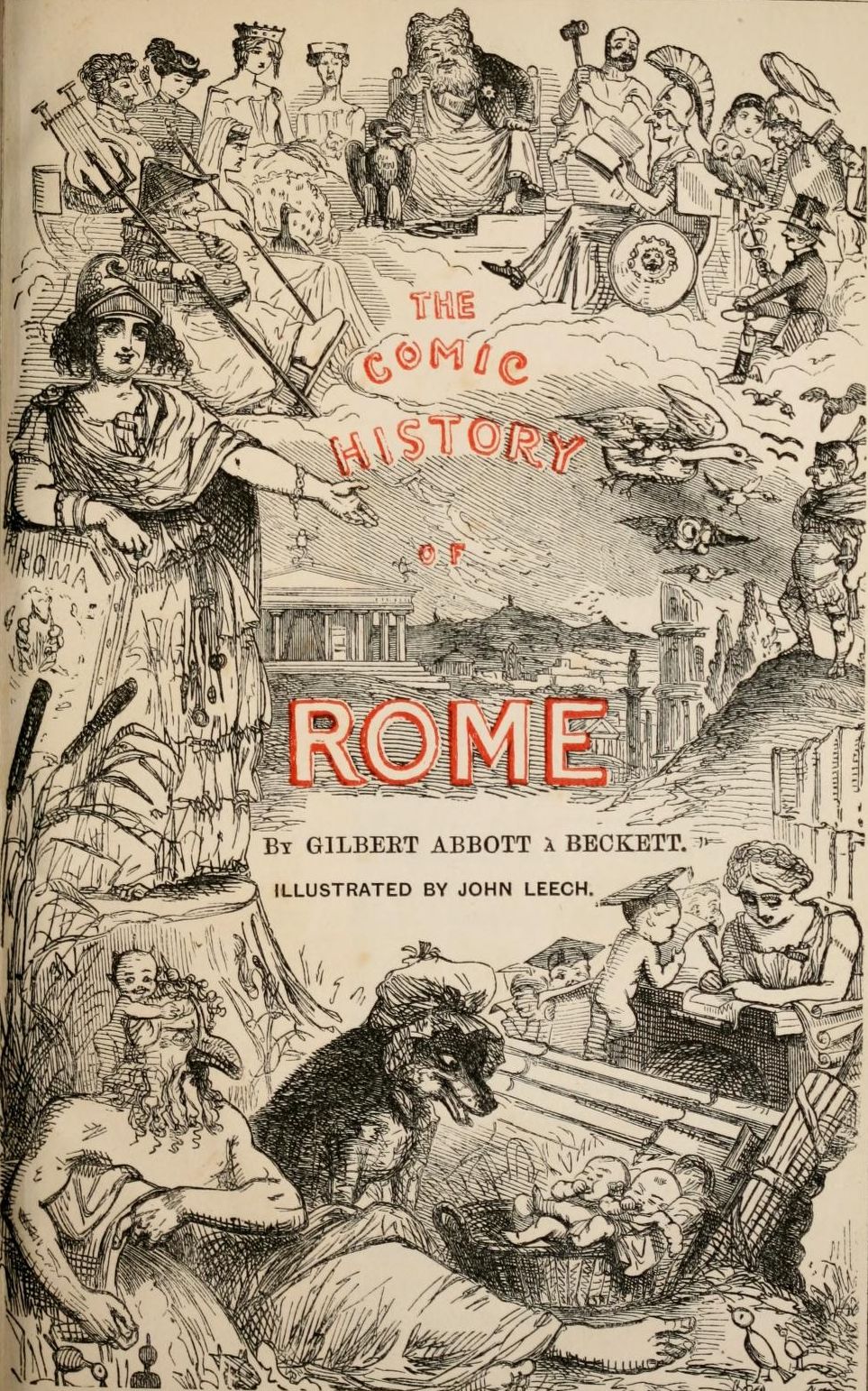 A detailed black and white illustration, likely a book cover or title page, depicting a chaotic and lively scene related to the history of Rome.