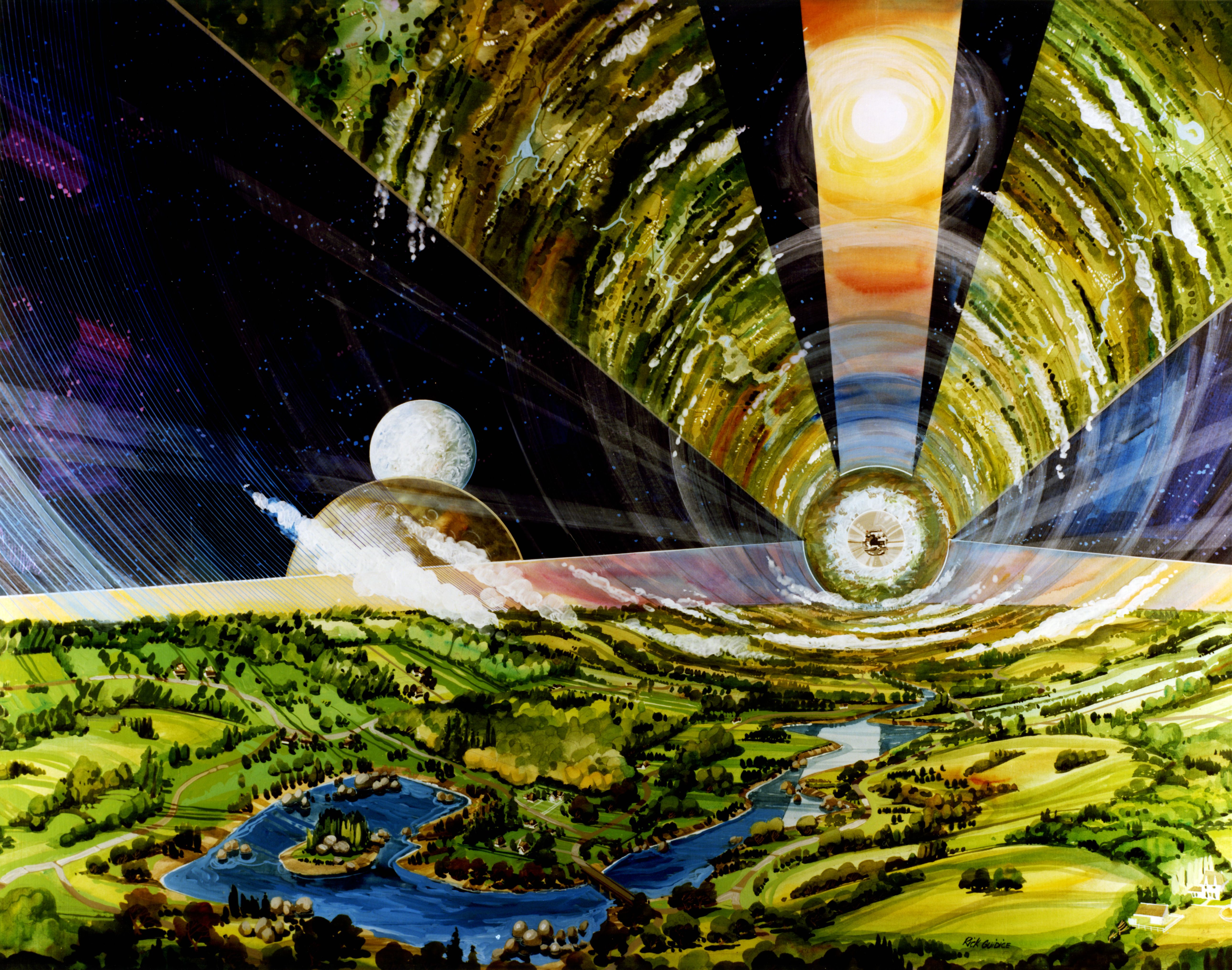 A vibrant painting of a futuristic landscape with a cylindrical habitat, lush greenery, and a starry sky.