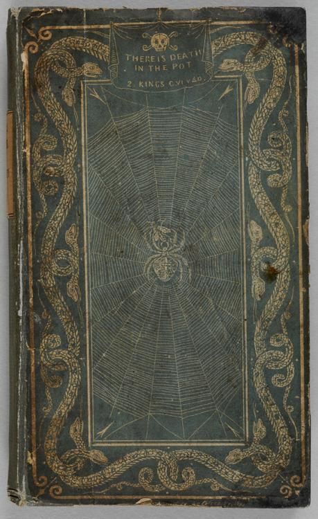 Close-up of an antique book cover with gold ornamentation and the text "THERE IS DEATH IN THE POT 2 KINGS CVII 40".