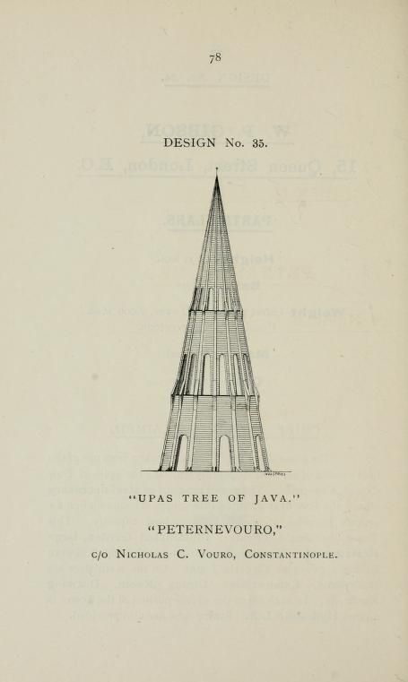 Vintage illustration of the "UPAS TREE OF JAVA," a tall, conical structure with tiered layers and arched openings, labeled as "DESIGN No. 35." with text below indicating its origin and contact information.