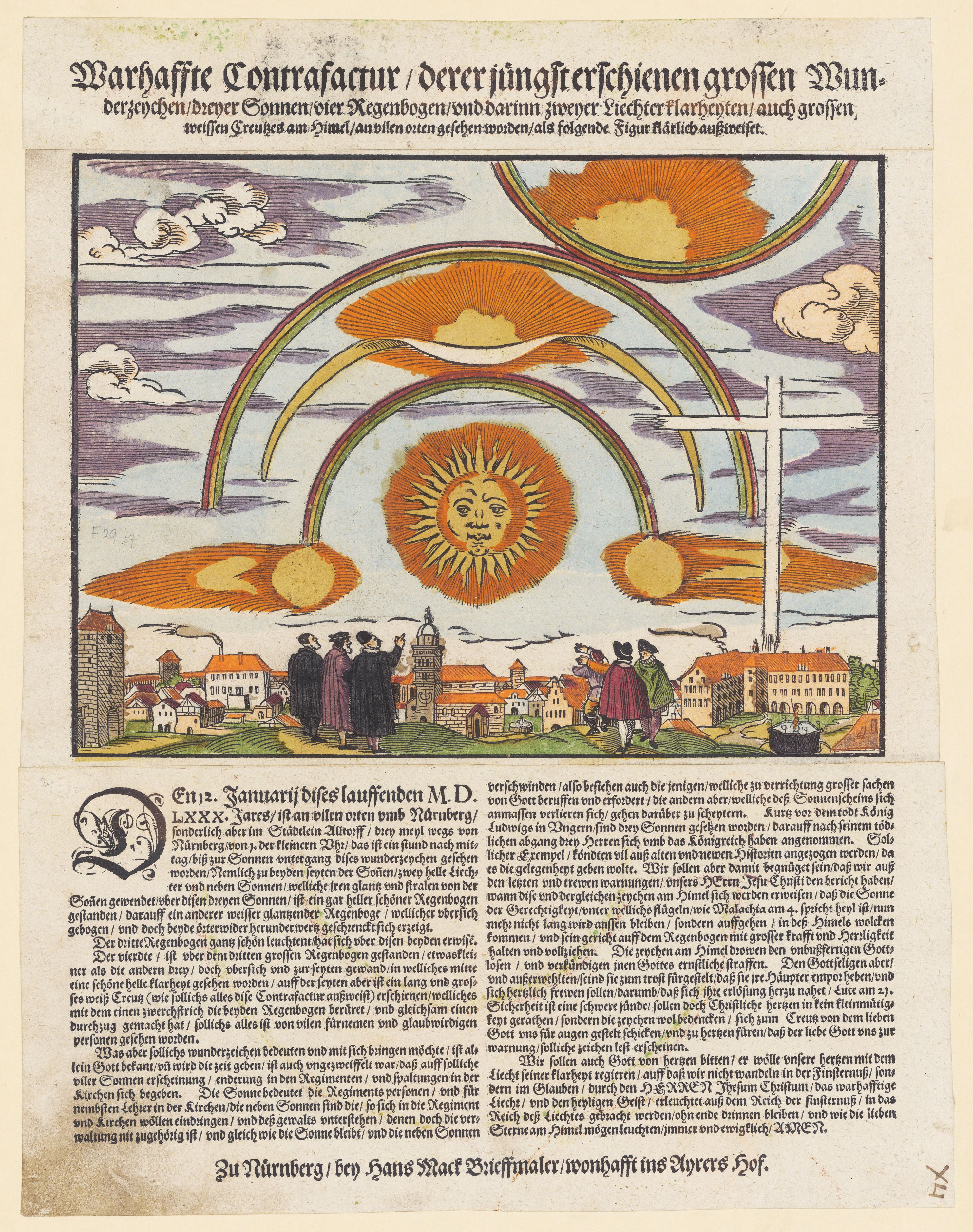 Antique woodcut print depicting a celestial event over a city, with the sun and moon prominently featured, surrounded by stars, clouds, and German text.