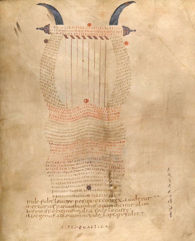 A page from a medieval manuscript with dense handwritten text and an elaborate illumination featuring bird-like creatures.