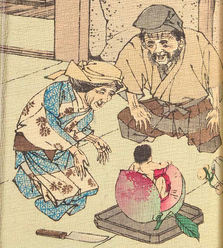 Vintage woodblock print illustration of an elderly couple and a baby focused on a halved peach in a traditional Japanese room.