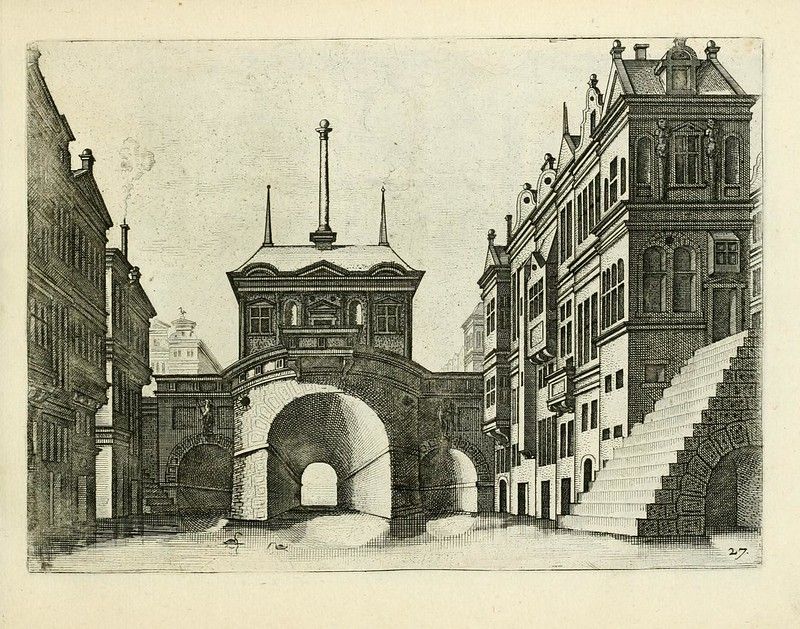 Black and white engraving of a European city street with a grand archway and multi-story buildings.