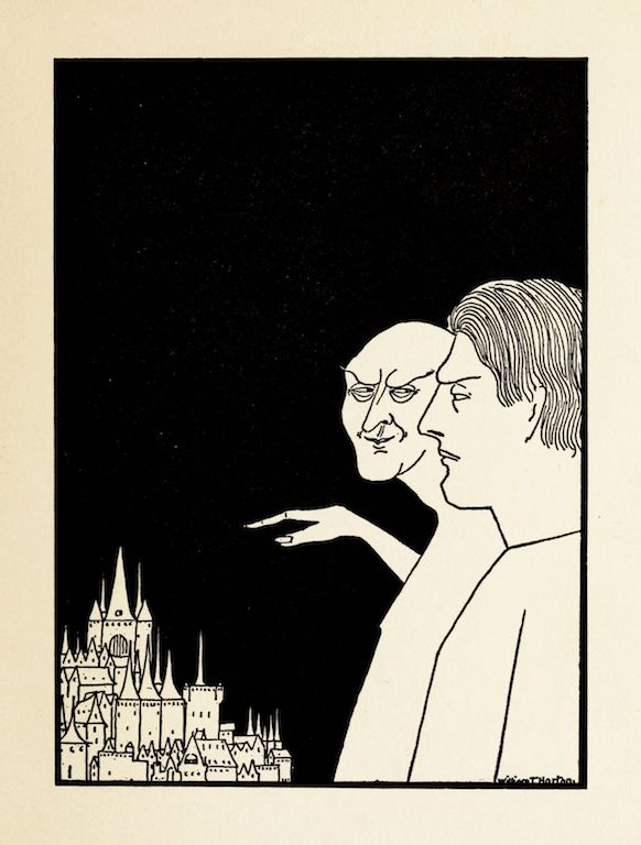 A black and white illustration of a castle with two faces in profile and a hand reaching towards it.