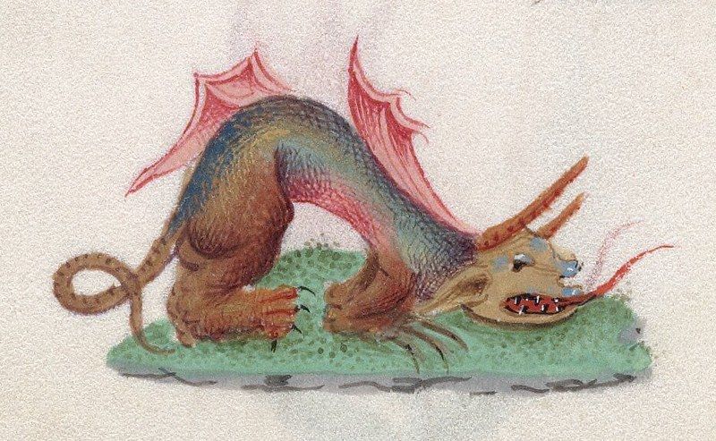 A medieval-style illustration of a dragon on a patch of green grass.