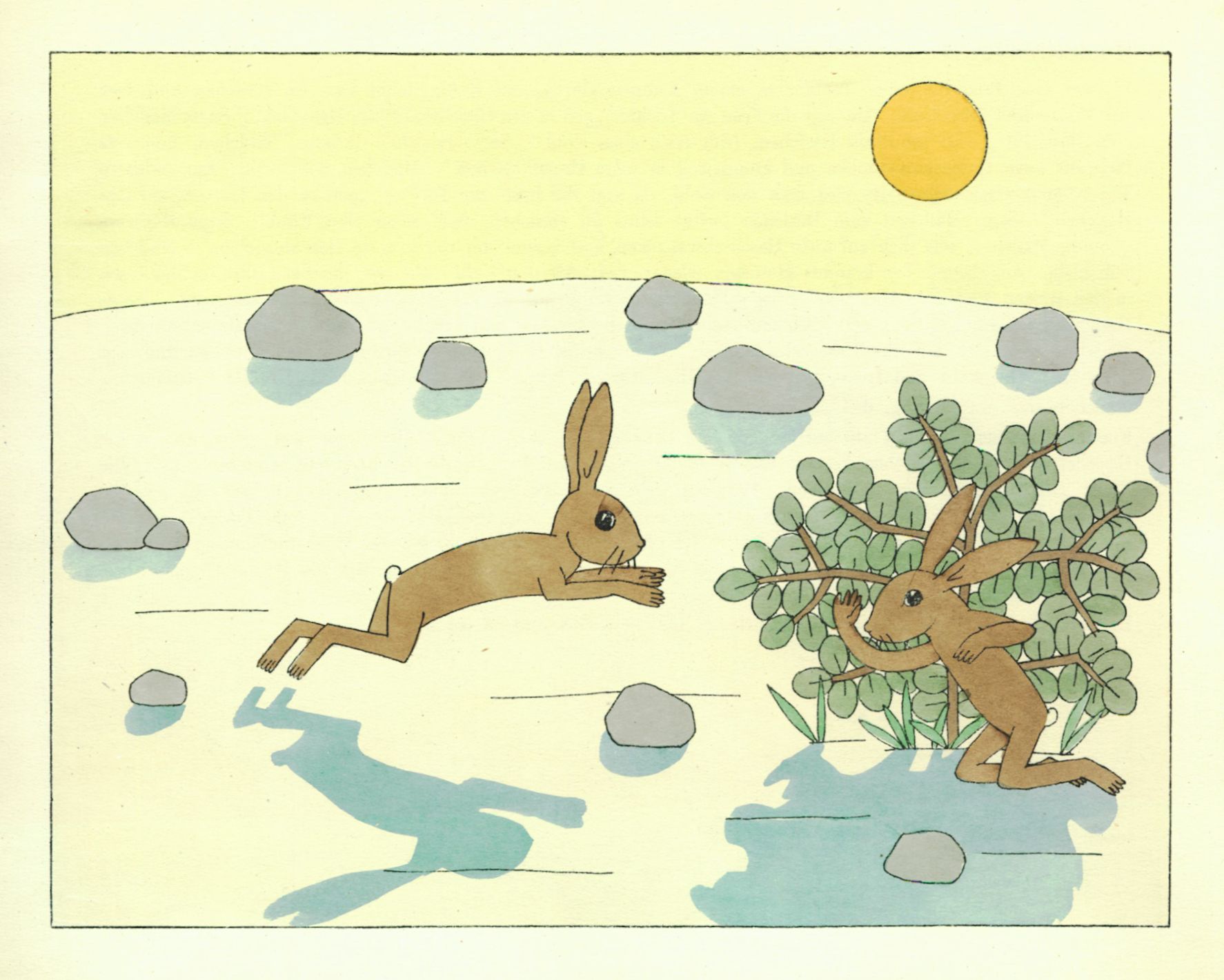 Illustration of two rabbits, one leaping and the other forming part of a tree, set against a pale yellow background with scattered rocks and a sun.
