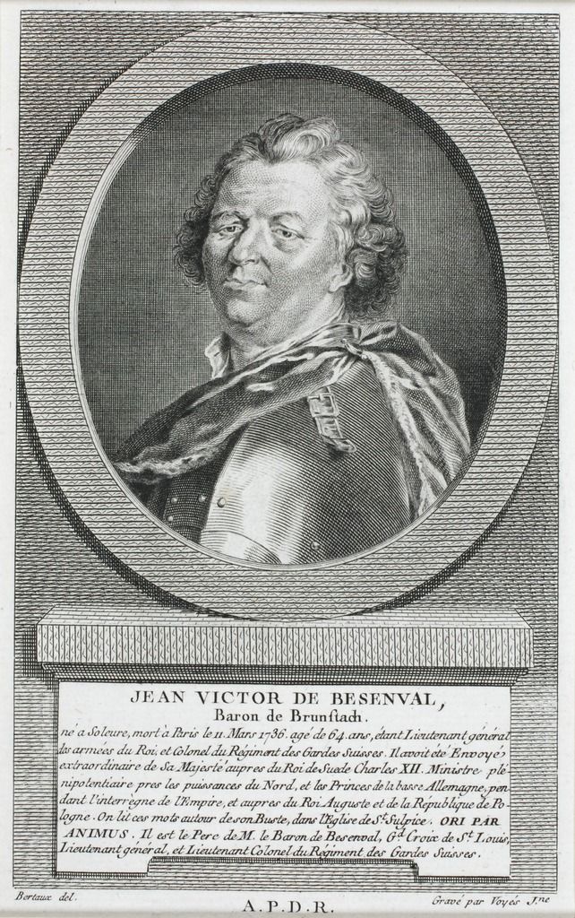 Black and white engraving of Jean Victor de Besenval, Baron de Brunstadt, in formal attire, within an ornate oval frame, with French text below.