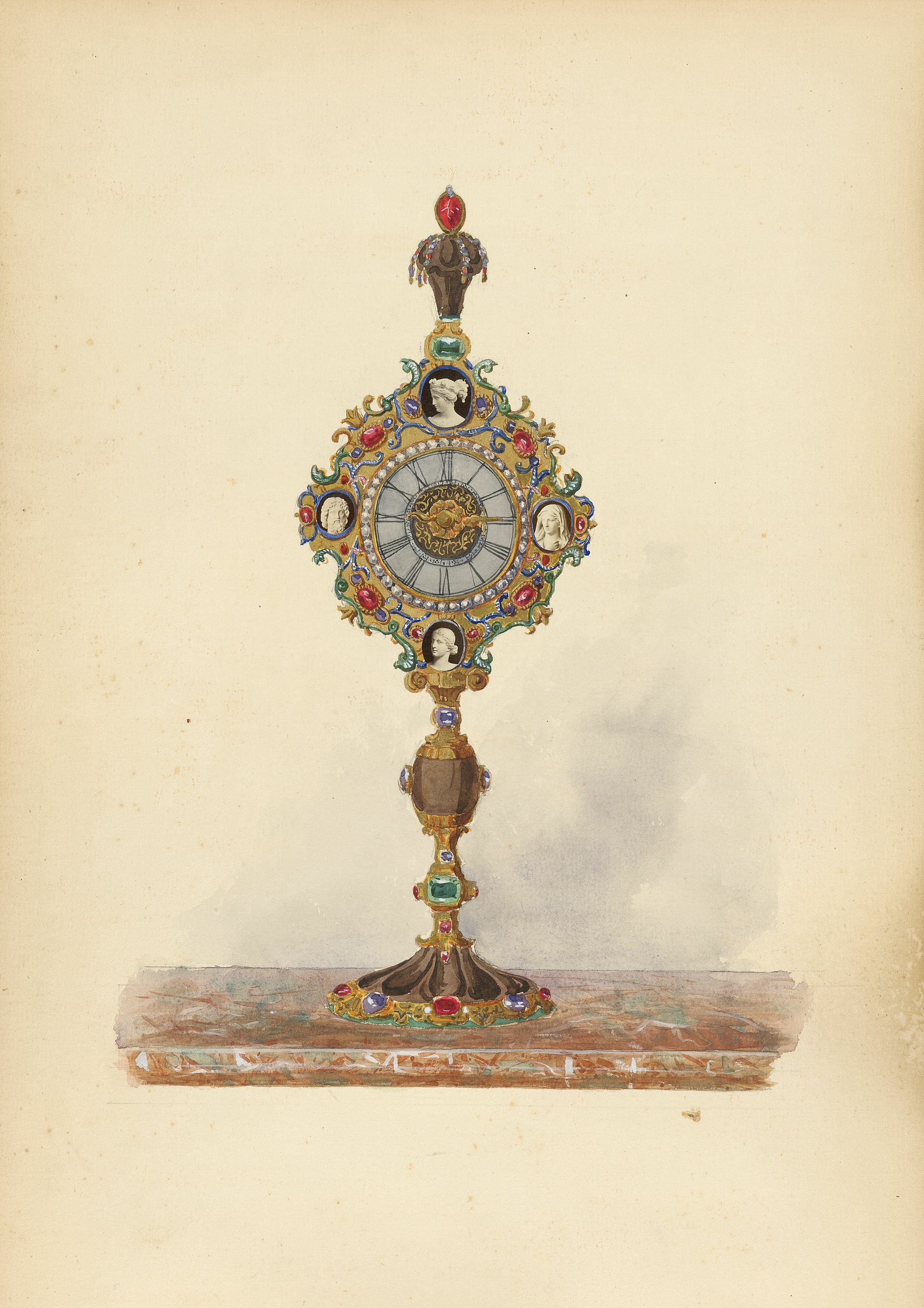 A detailed watercolor painting of an ornate antique clock on a marble table.
