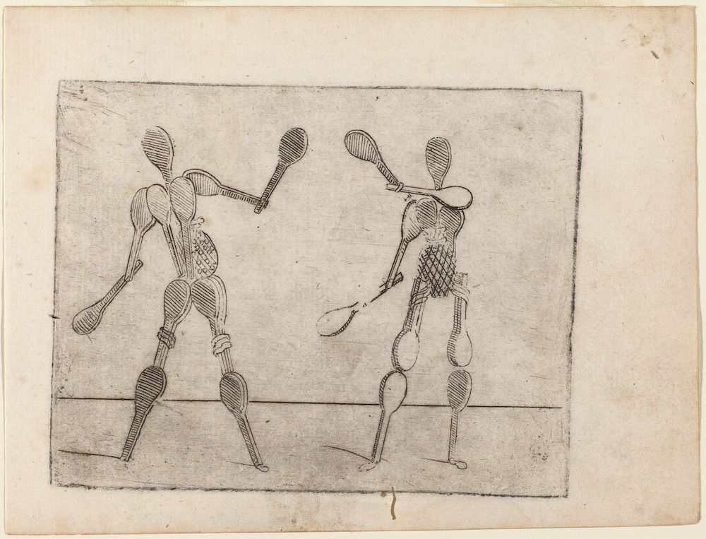 A black and white etching depicting two stylized figures playing tennis on a court.