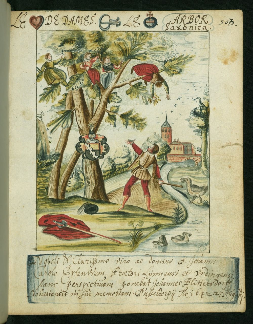 A colorful, detailed illustration from an old book or manuscript depicting a lively outdoor scene with people climbing a tree, a landscape with buildings and water, and various animals and birds.