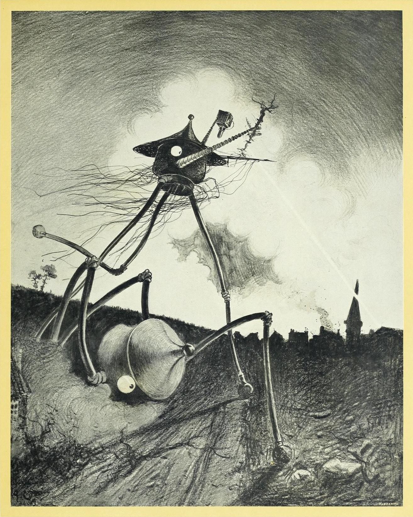 A black and white illustration of a towering tripod machine dominating a landscape.