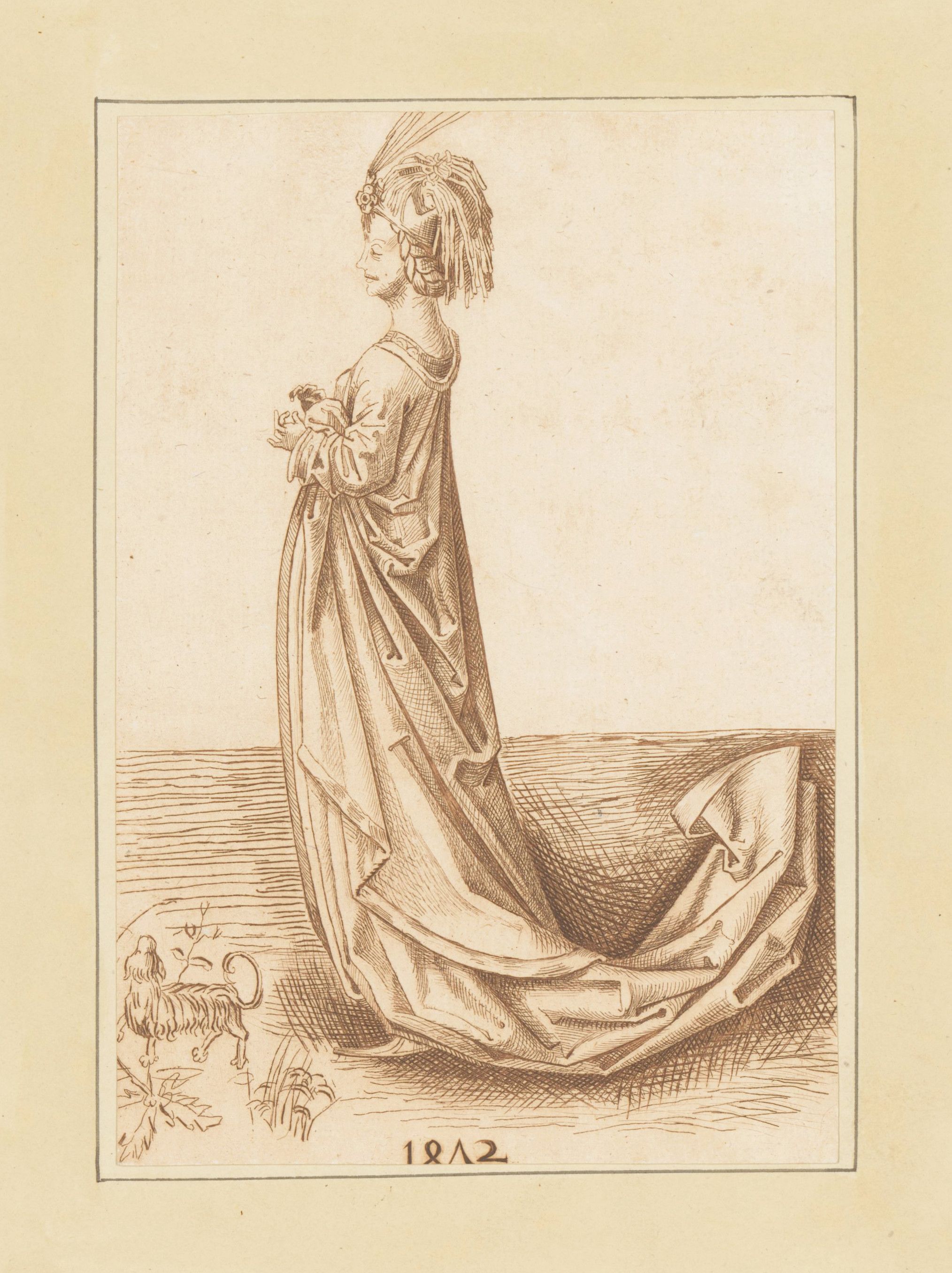 A sepia-toned drawing of a woman in a long, flowing dress, holding a small animal, with a depiction of a lion at the bottom left corner and the number '182' at the bottom center.