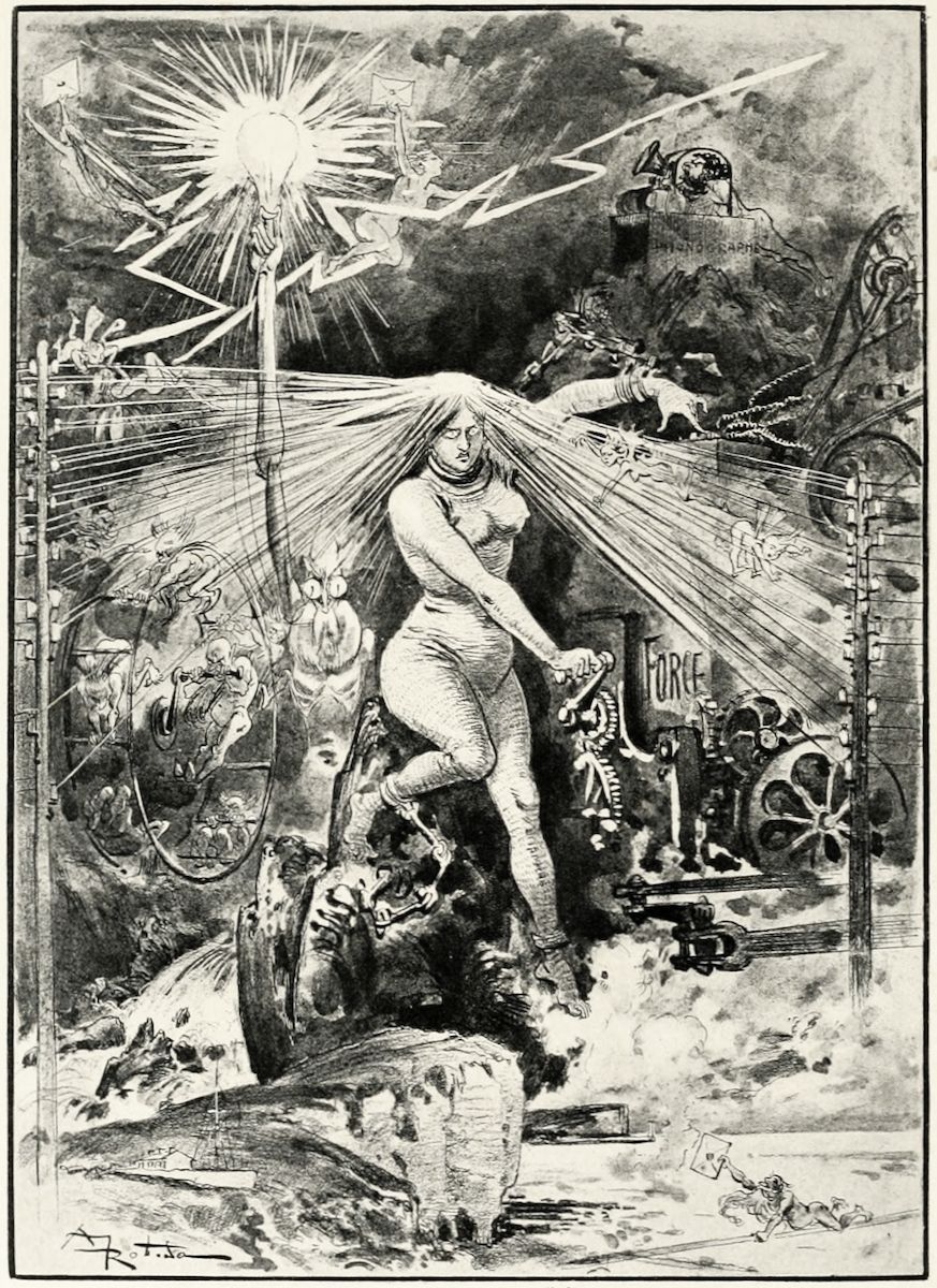 A black and white illustration of a nude woman radiating energy towards a complex mechanical structure amidst ruins, with small winged figures surrounding them.