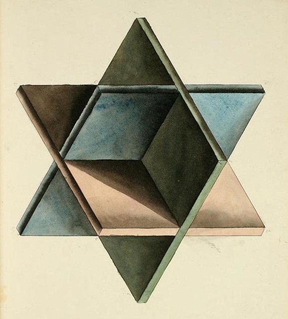 A geometric construction of intersecting cubes forming a six-pointed star, with muted colors and shading to create depth.