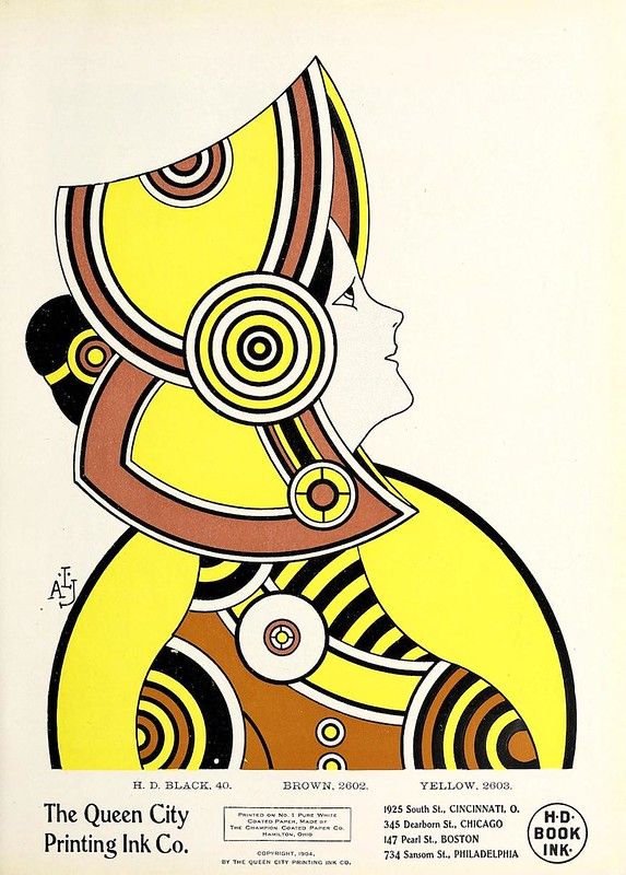 Vintage advertisement poster for The Queen City Printing Ink Co. featuring a geometric illustration of a woman's head in profile.