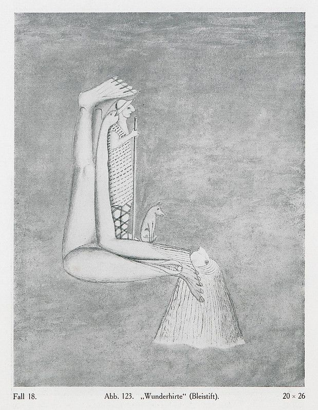 A black and white illustration of a reclining person with a staff, a dog, and a fish with a human face.