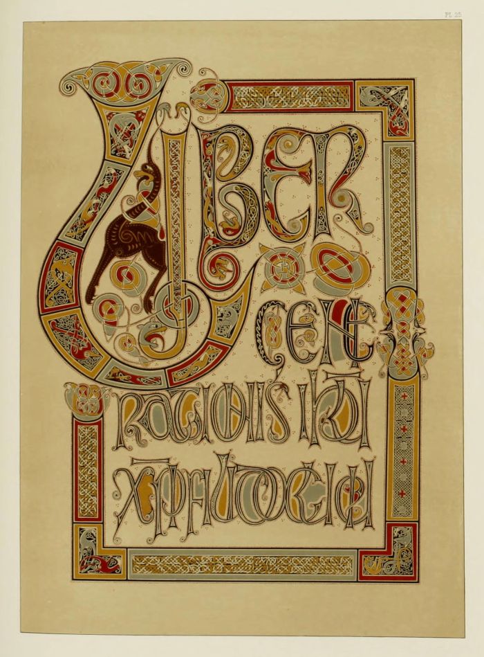 A detailed illuminated manuscript page featuring a large, ornate letter 'A' with a horse depicted within its curves, surrounded by a complex border of interwoven patterns and colorful motifs.