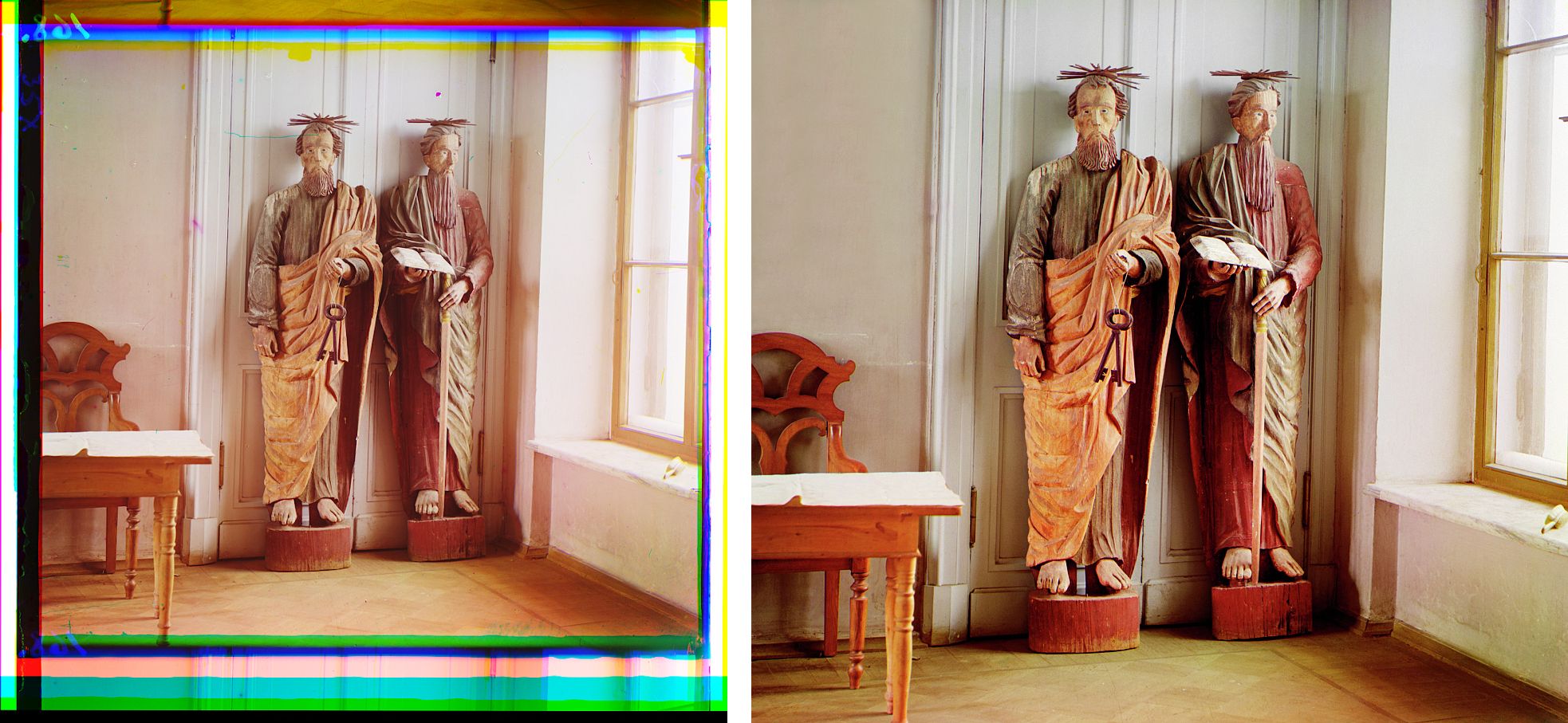 Side-by-side comparison of a photograph with and without color distortion. The left image exhibits significant color distortion, while the right image is free of these distortions.