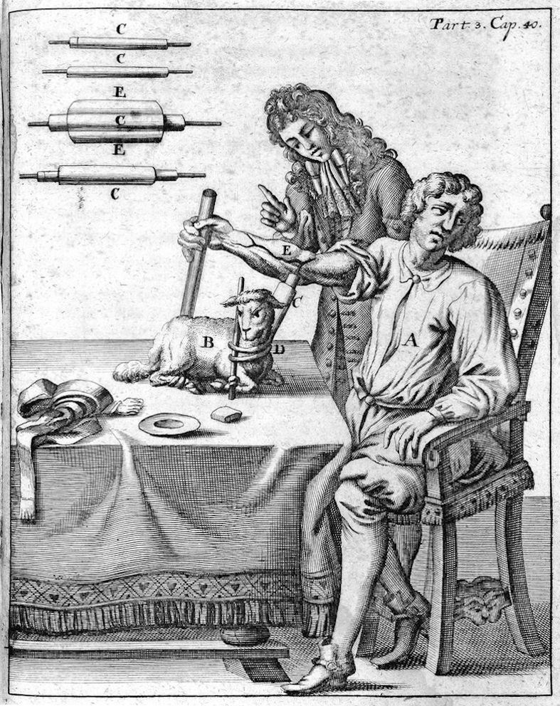 A detailed black and white engraving depicting a medical procedure, likely bloodletting, being performed on a seated man with a similar procedure being demonstrated on a small animal.