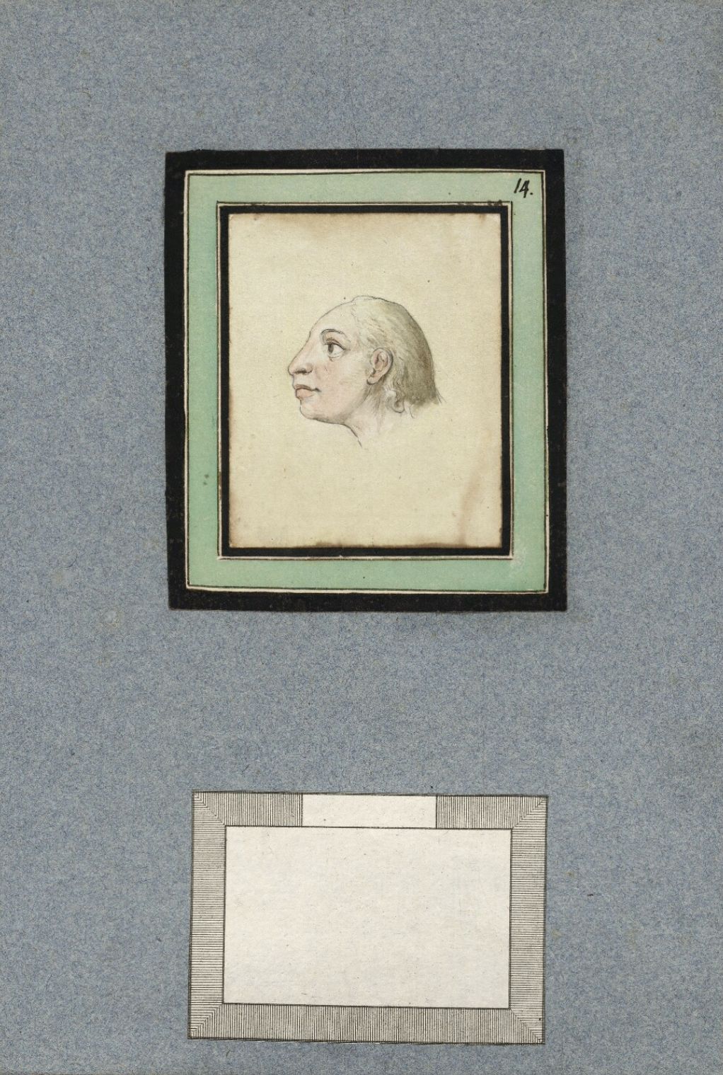 Vintage portrait of a man's head in profile, framed in green and black, with the number '14' in the upper right corner and a blank space below.