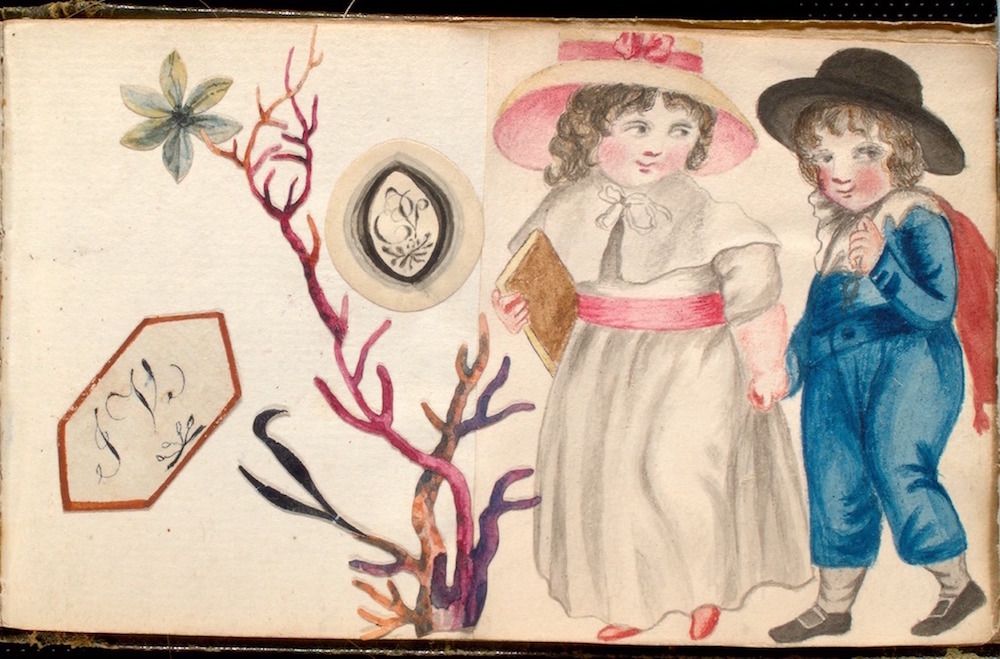 Vintage illustration of two children, a girl in a pink hat and a boy in a blue outfit, alongside botanical and decorative elements on aged paper.