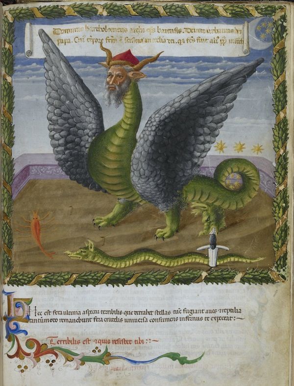 Illuminated manuscript page with a green dragon, a fish, a sword, and decorative borders.