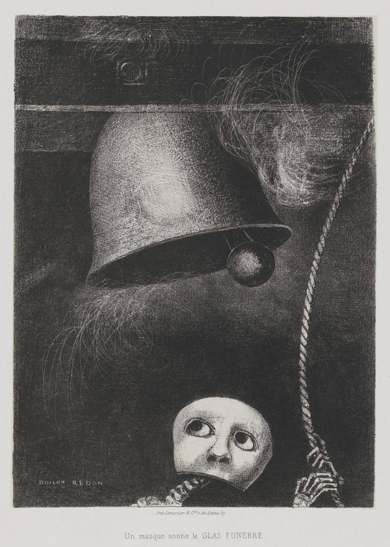 A black and white lithograph by Odilon Redon titled 'Un masque sonne le glas funèbre' (A mask tolls the funeral bell). The image features a large bell, a rope, and a mask-like face.