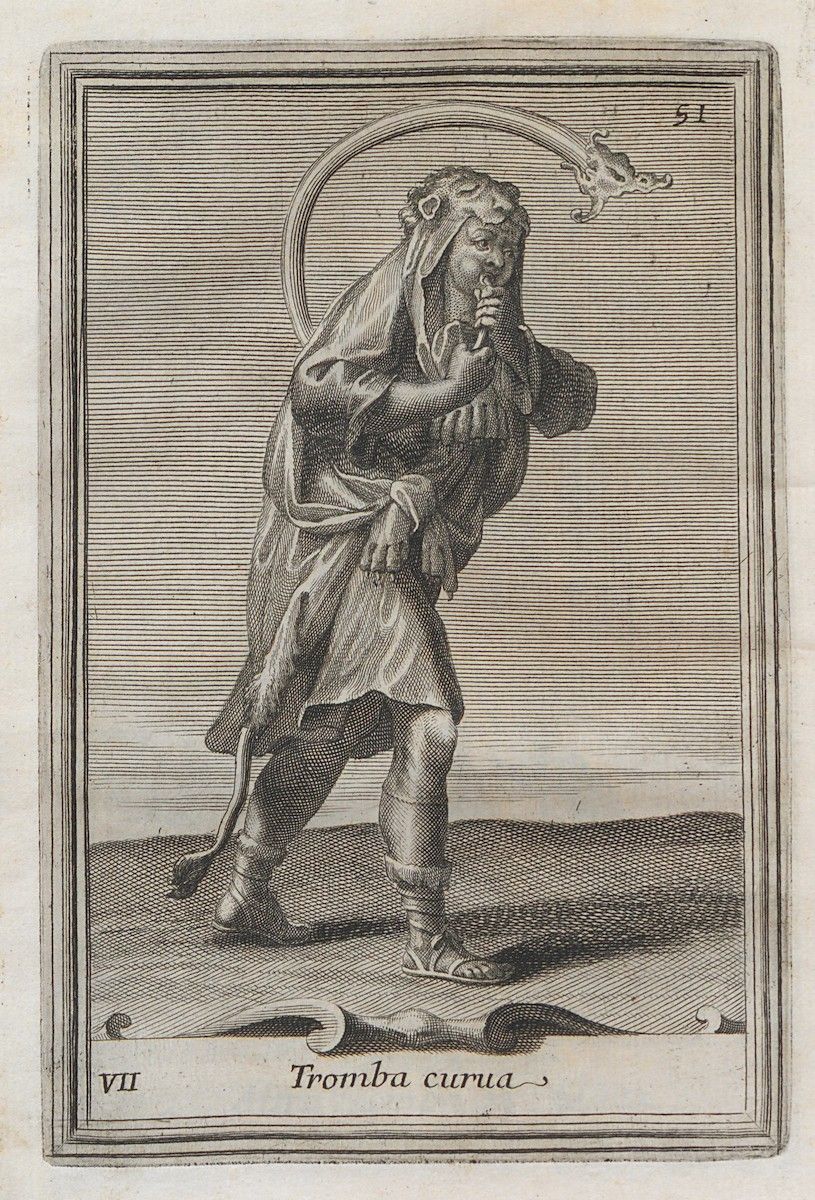 Black and white engraving of a hooded figure with an animal flying above him.